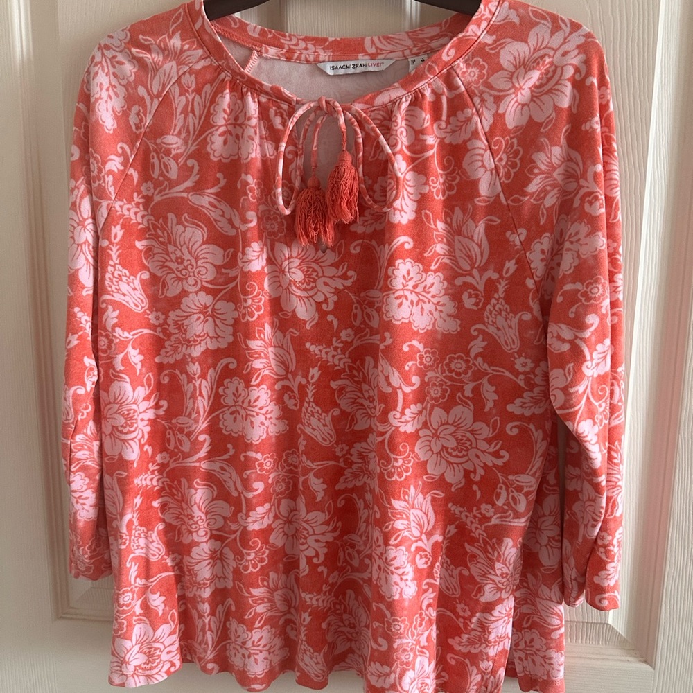 Isaac Mizrahi Multicolored Blouse with Tie Front and 3/4 Sleeves